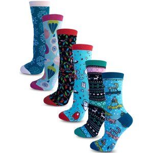 6 Pack Women's Christmas Crew Cute Socks K1508 New NWB